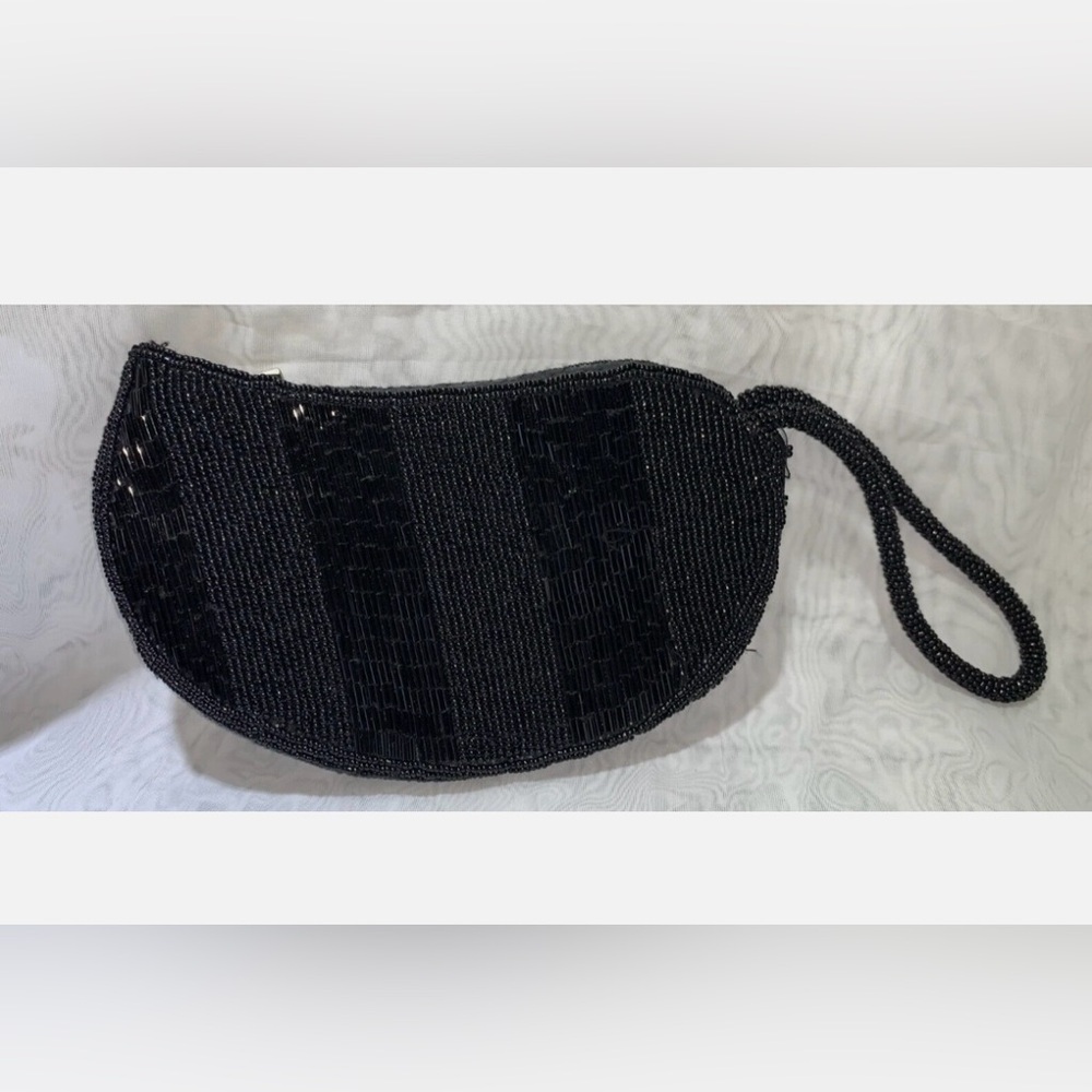 Bijoux Terner Evening Clutch Black Sequin Beaded Wristlet Purse Crescent Shape